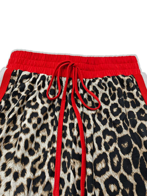 Leopard print loungewear shorts with red drawstring and waistband
