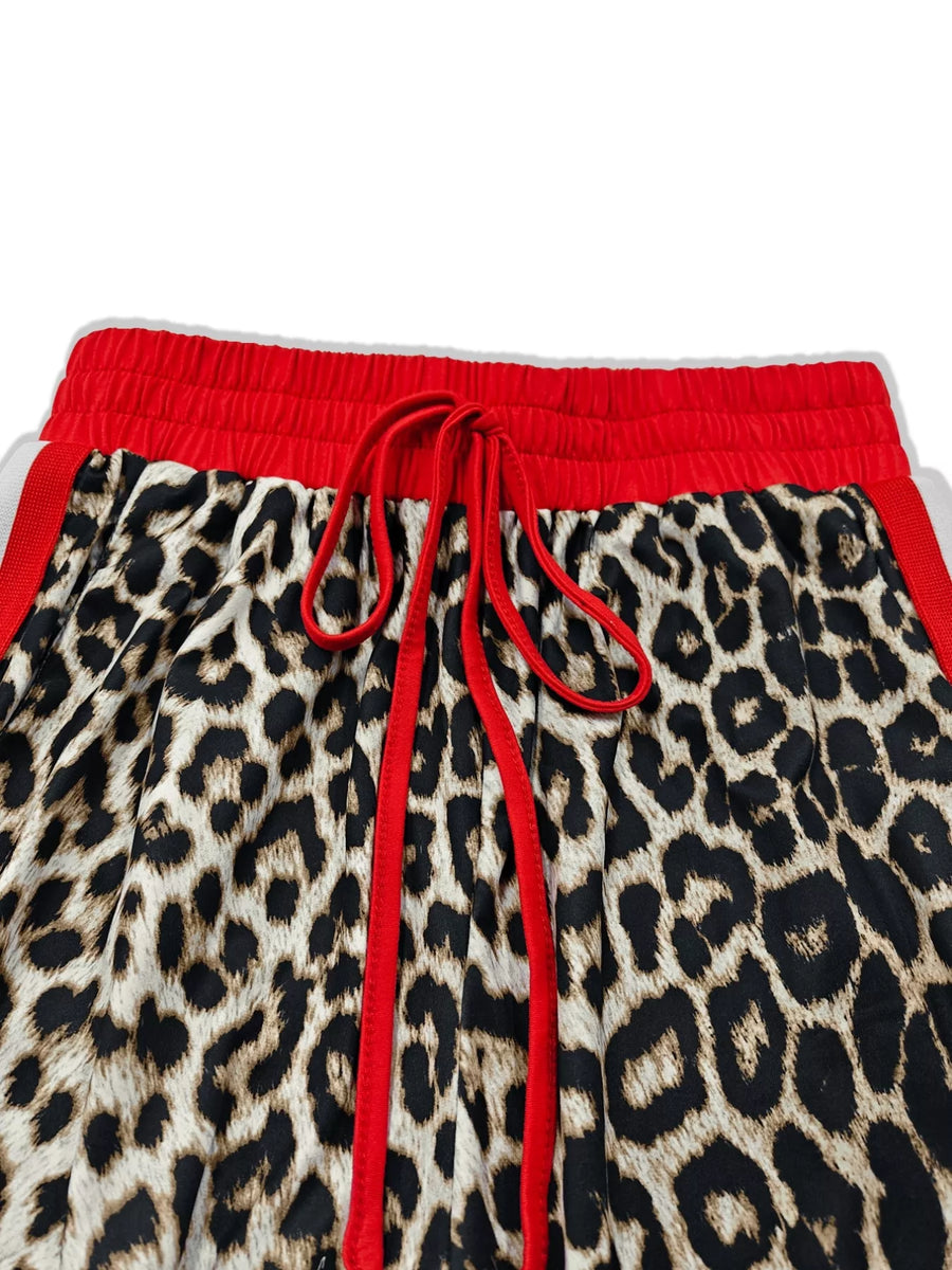 Leopard print loungewear shorts with red drawstring and waistband