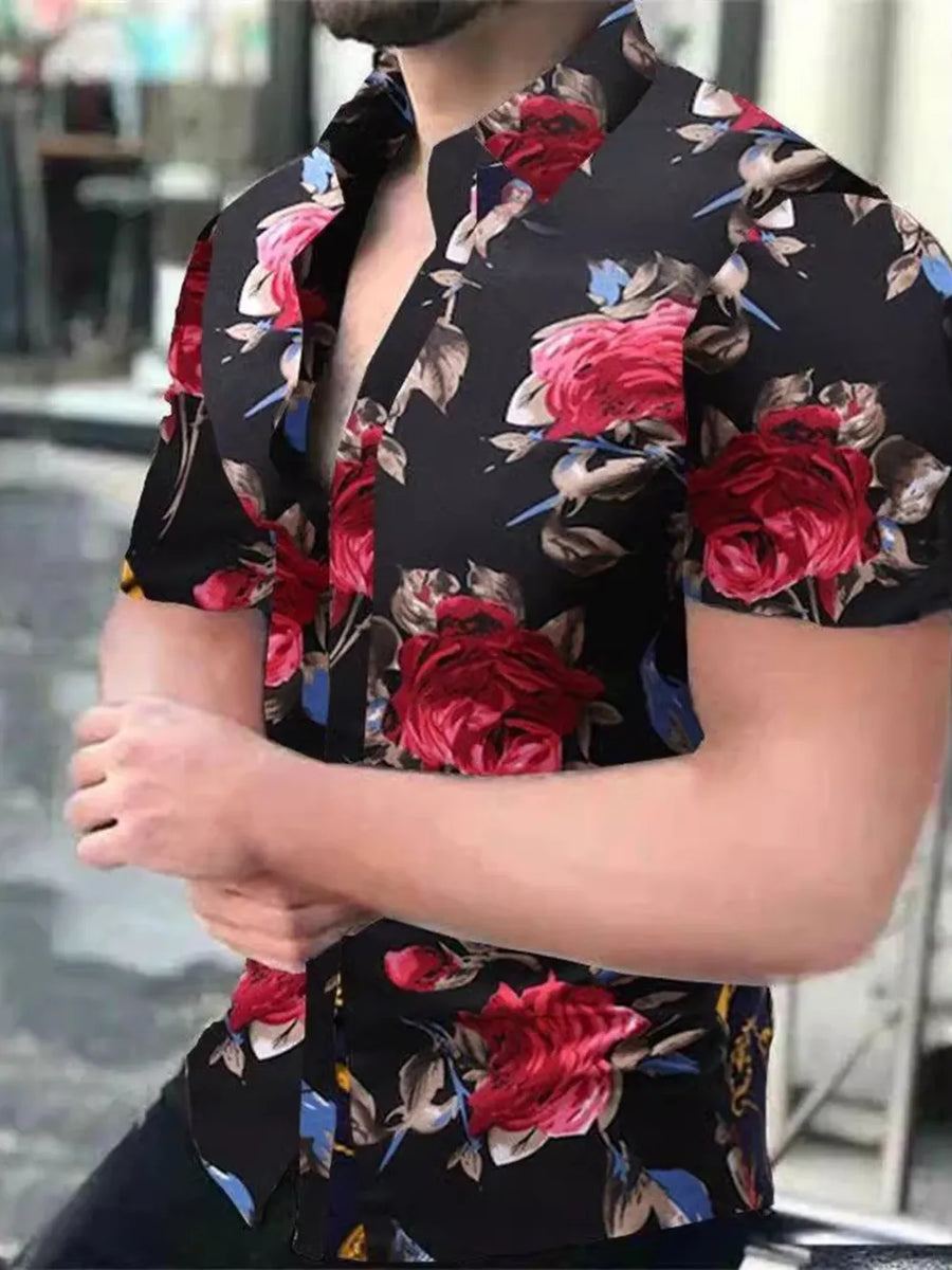 Short sleeve button-down shirt in black with a bold red floral print.