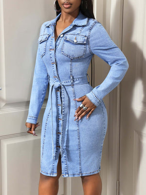 85% cotton, 15% polyester Care instructions: Machine wash cold shirt dress in light blue with fitted silhouette