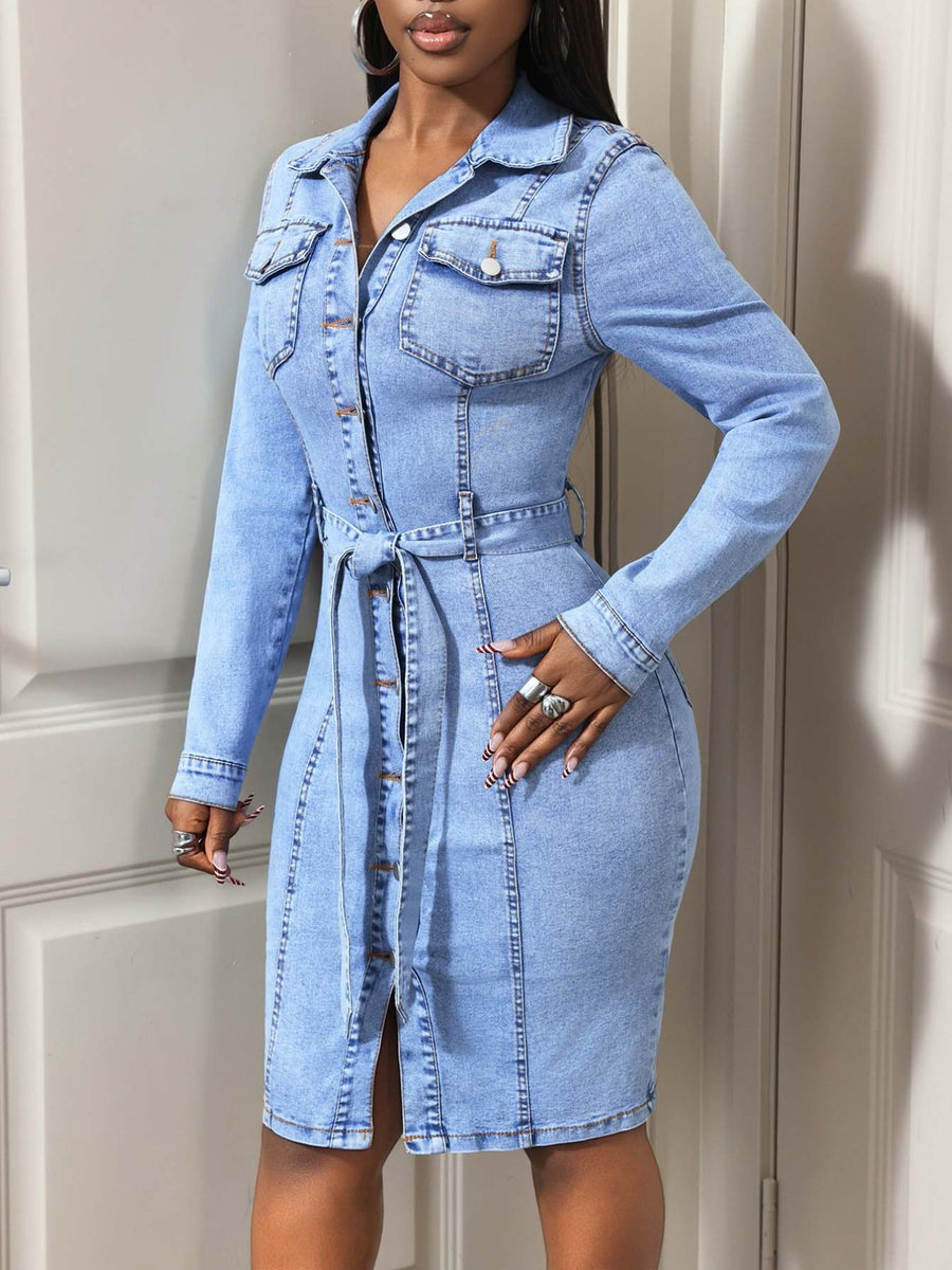 85% cotton, 15% polyester Care instructions: Machine wash cold shirt dress in light blue with fitted silhouette