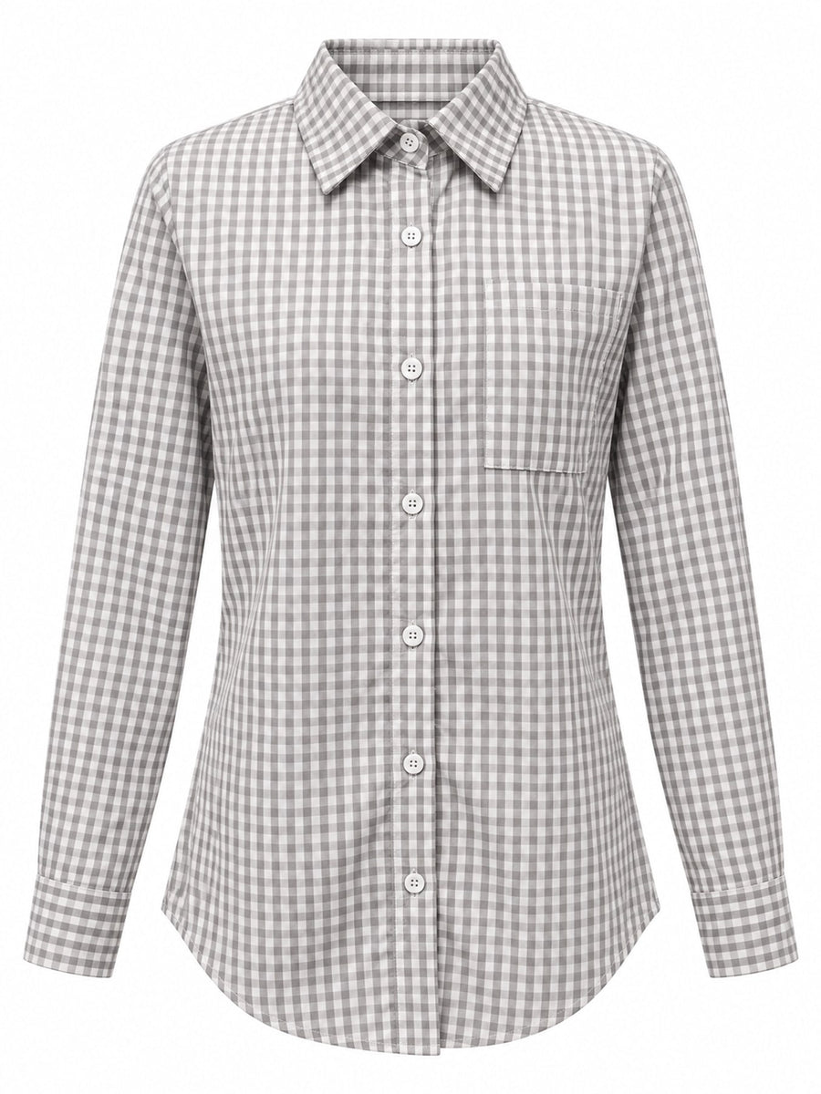 Plus Size Plaid Button-Down Shirt in white with pocketed