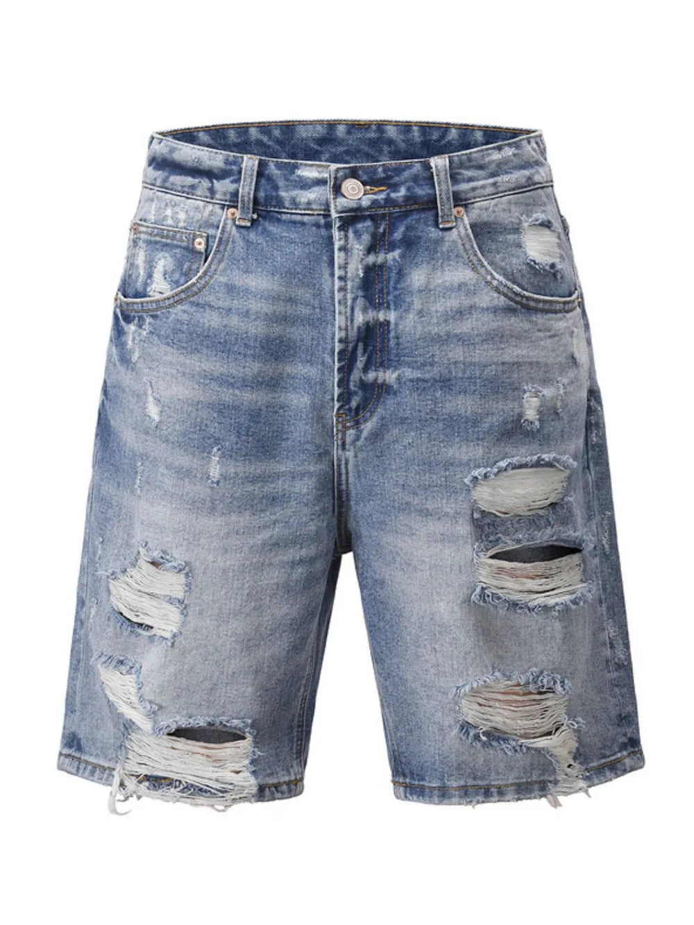 Ripped denim bermuda shorts in medium wash with distressed details and frayed hems.