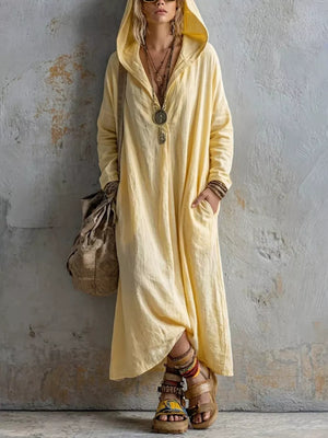 White Long Sleeve Hooded Midi Dress With Pockets