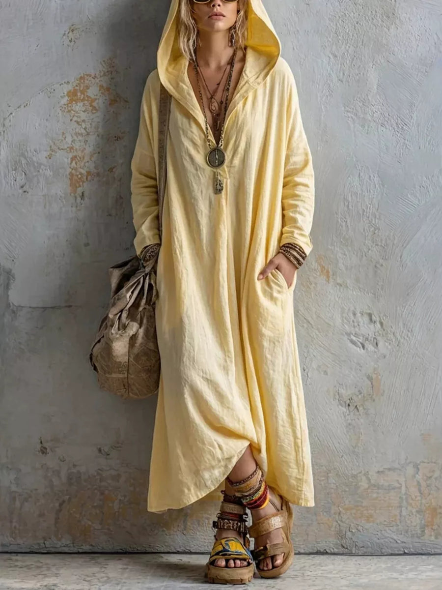 White Long Sleeve Hooded Midi Dress With Pockets