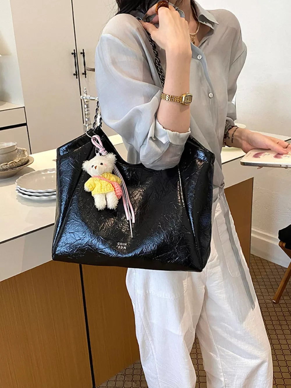Black Pu Leather Large Shoulder Bag