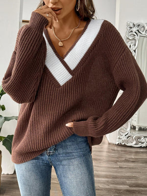 chocolate brown v-neck sweater with color-block and v-neck