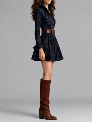 Dark Blue (with Belt) shirt dress with belted and long sleeve