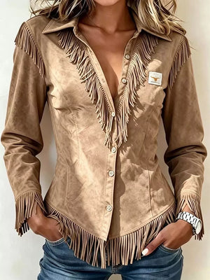 Gray Full Size Fringed Collared Neck Shirt Plus Size