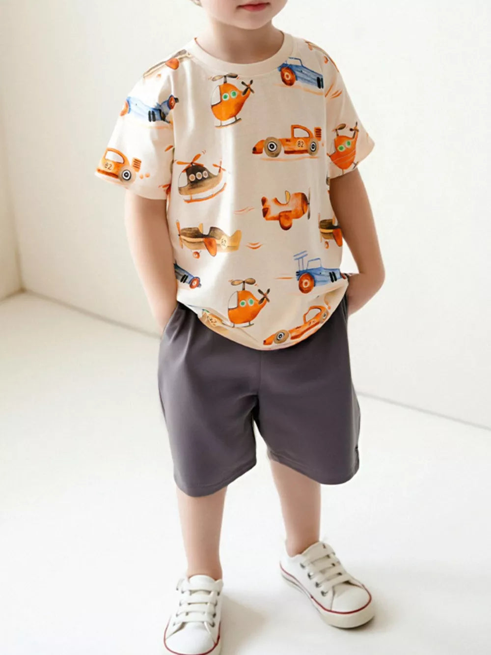 Baby boys' cotton t-shirt and shorts set with playful vehicle print.