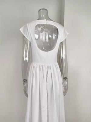 White midi dress with cap sleeves, boat neck, and open back detail.