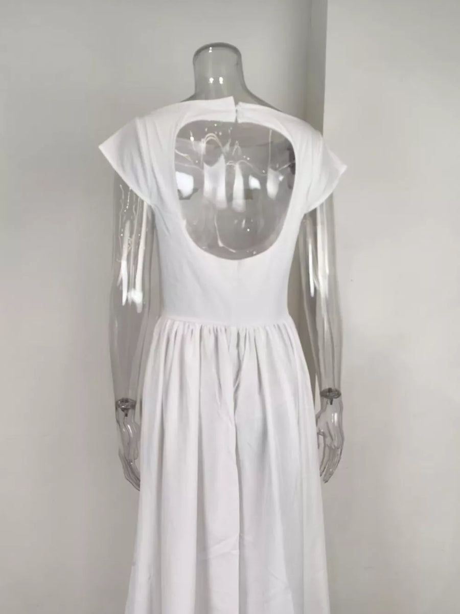 White midi dress with cap sleeves, boat neck, and open back detail.