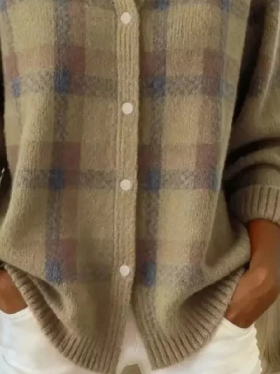 Full Size Plaid Button-down Knit Cardigan in Light Purple with ribbed