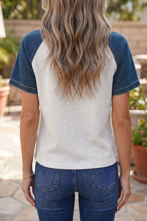 Textured Color Block Denim Polo Collar Tee in this colorway