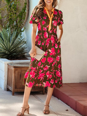 Print split neck midi dress with short sleeves and floral pattern.