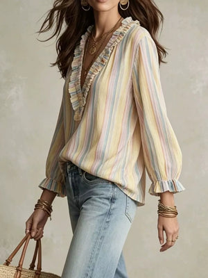 Multicolor with Striped V-neck Long Sleeve Blouse