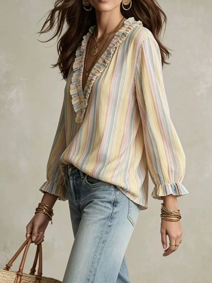 Multicolor with Striped V-neck Long Sleeve Blouse