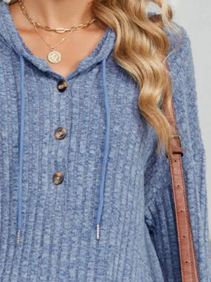 Light Gray Ribbed Knit Drawstring Hoodie