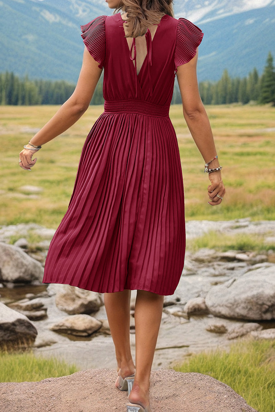 Deep Red pleated midi dress with flutter sleeves and smocked waist.