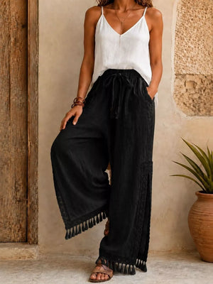 Lace Detail Slit Wide Leg Pants in White with drawstring waist