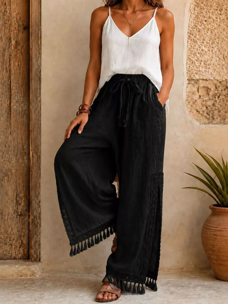 Lace Detail Slit Wide Leg Pants in White with drawstring waist