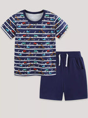 Navy cotton baby outfit with vehicle print t-shirt and shorts
