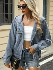 Blue hooded denim trucker jacket with chest pockets and button-up closure