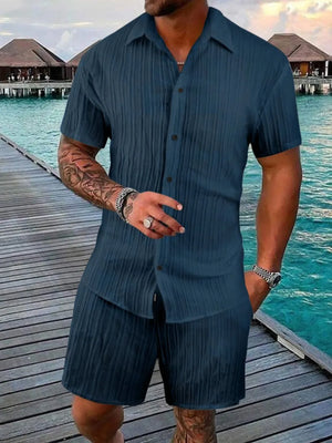 Textured pleated resort shirt and shorts set in Peacock Blue, buttoned short sleeve shirt and matching shorts.