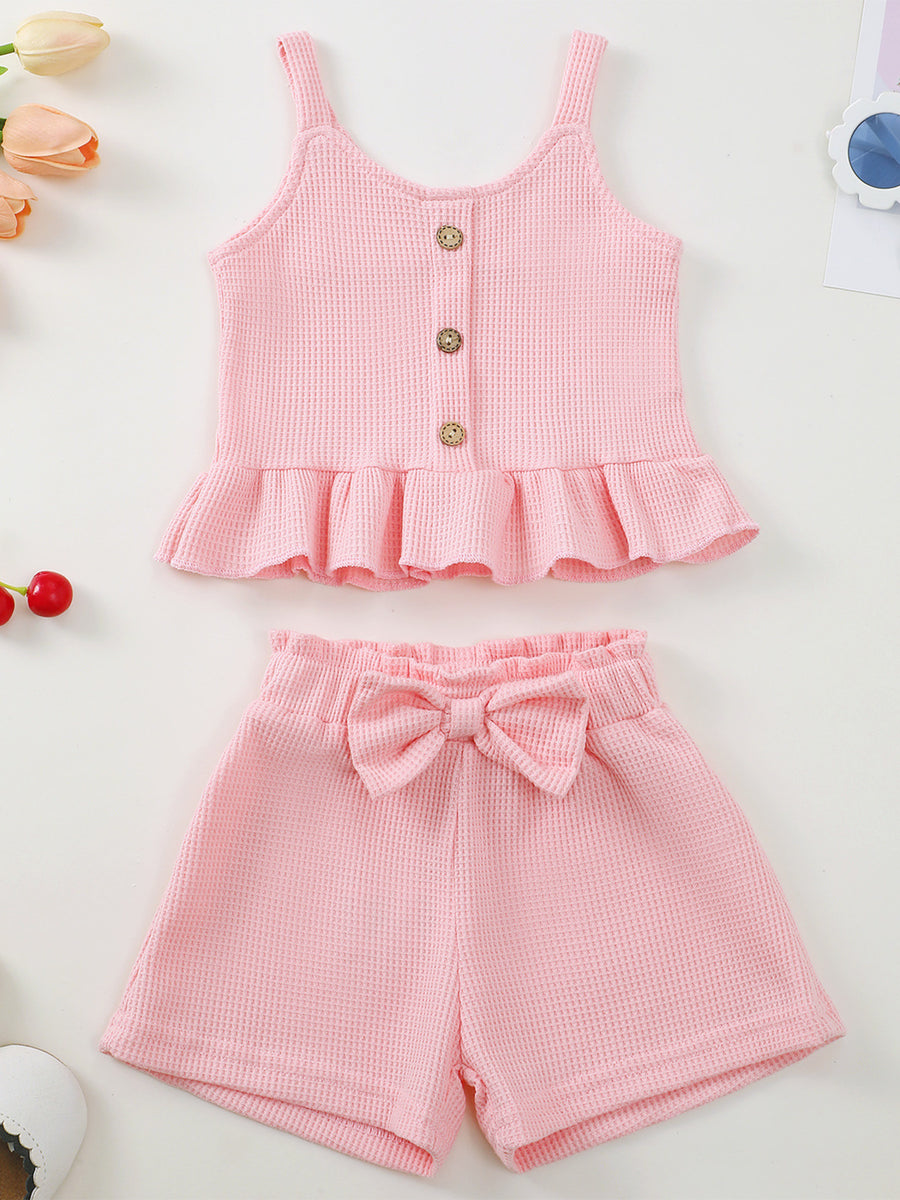 Pink waffle knit tank with ruffled hem and bow shorts set for baby girls.