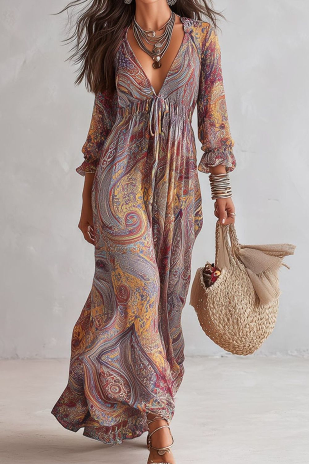 rust maxi dress with paisley and v-neck