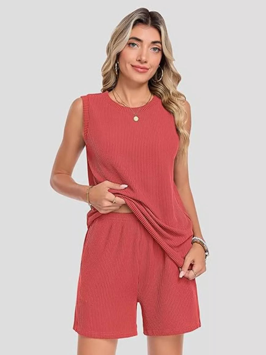 Red ribbed knit tank top and shorts set with pockets.