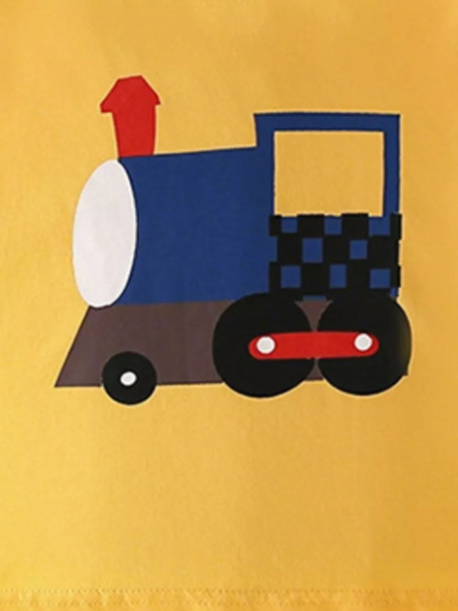 Yellow cotton t-shirt with a playful blue, red, and white train graphic.