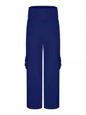 Blue pocketed high-waisted yoga pants with a flared silhouette and cargo pockets.