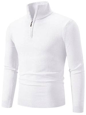 White slim fit quarter zip sweater with ribbed collar and cuffs