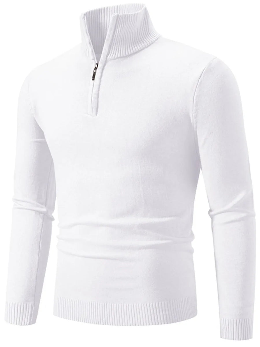 White slim fit quarter zip sweater with ribbed collar and cuffs