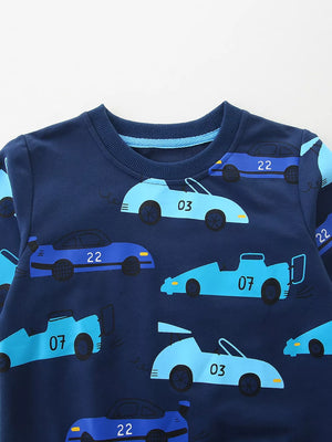 Navy cotton blend crew neck sweatshirt with a racing car print and blue accents.
