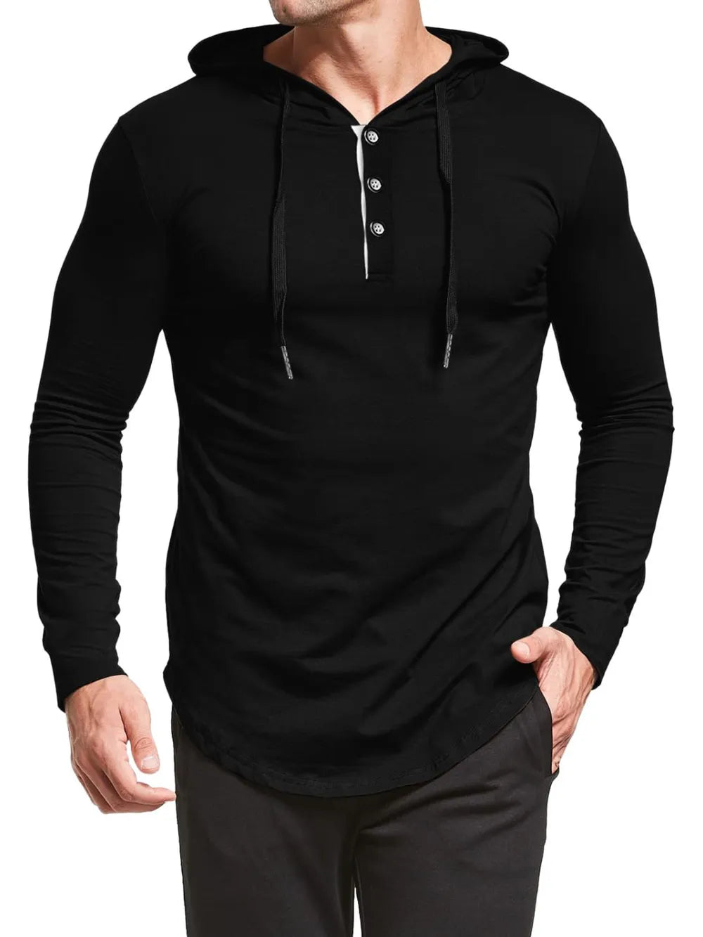 Black henley hooded tee with button placket and curved hem