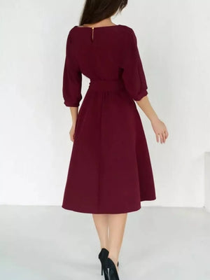Red with Elegant Belted Waist Midi Dress