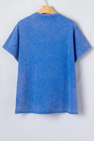 Blue mineral wash cotton t-shirt with short sleeves and notched neckline.