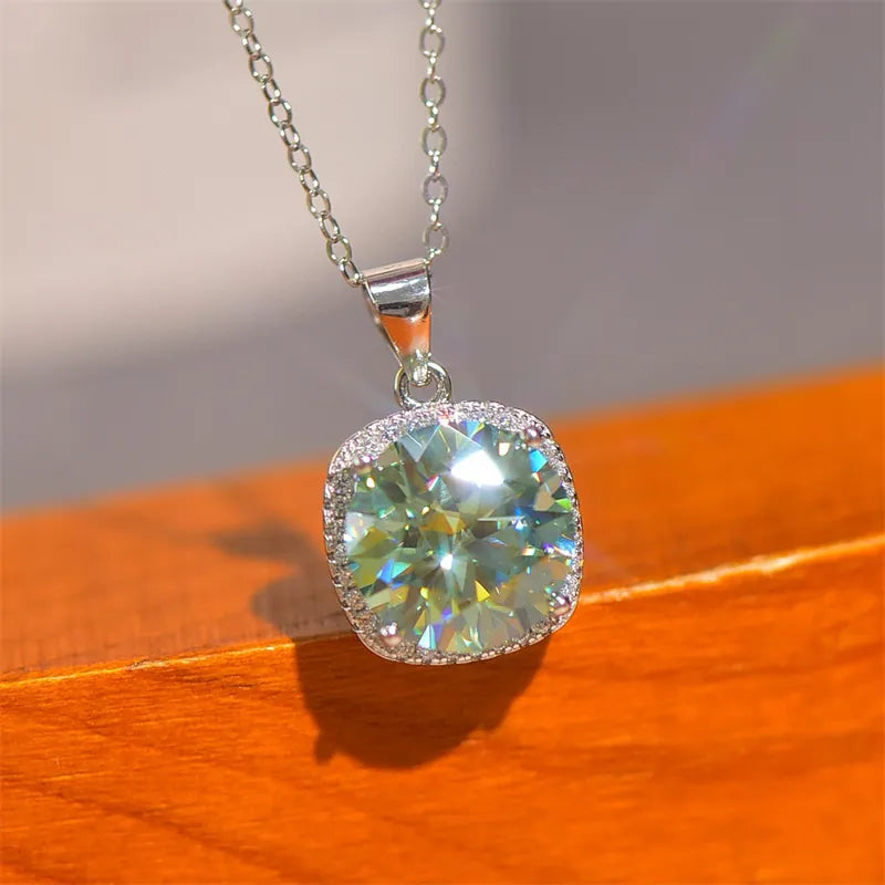 Silver cushion-cut moissanite halo pendant necklace with 925 sterling silver chain.