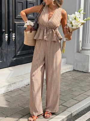 Chic striped two-piece set with tie front top and wide-leg pants in camel.