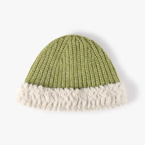 Lime ribbed knit beanie with faux fur trim