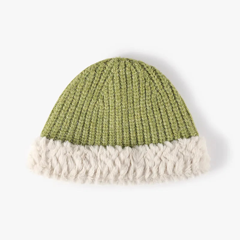 Lime ribbed knit beanie with faux fur trim
