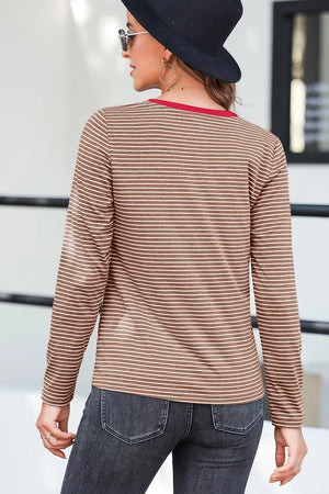 Stripe V Neck Stretchy Long Sleeve Top in Khaki