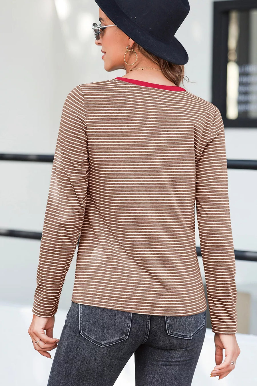 Stripe V Neck Stretchy Long Sleeve Top in Khaki