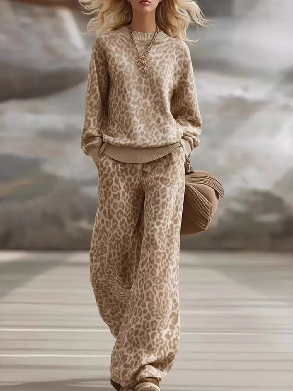 tan lounge set with leopard-print and crew neck