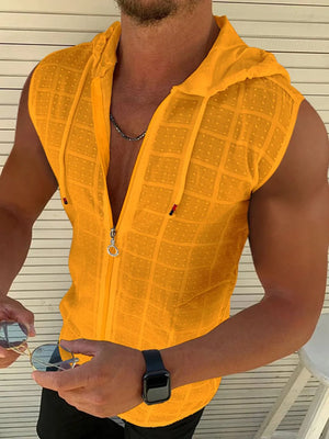 Textured sleeveless yellow zip-up hooded vest with a grid pattern and subtle dots.
