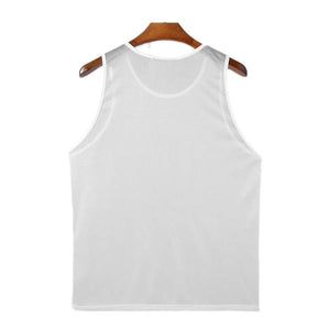 White mesh overlay tank top with round neckline and sleeveless cut.