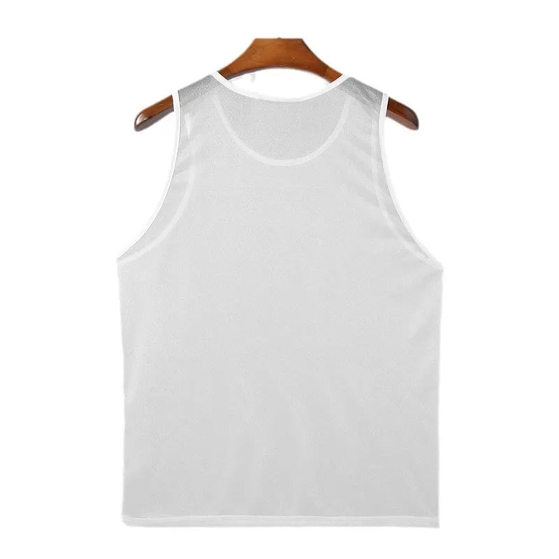 White mesh overlay tank top with round neckline and sleeveless cut.