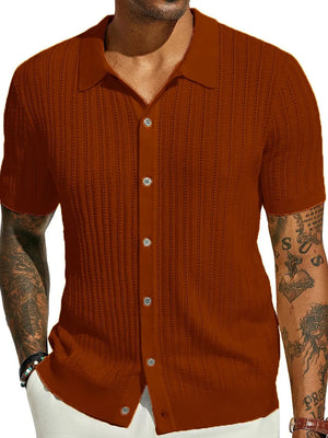 Rust textured knit polo shirt with openwork detail and short sleeves.